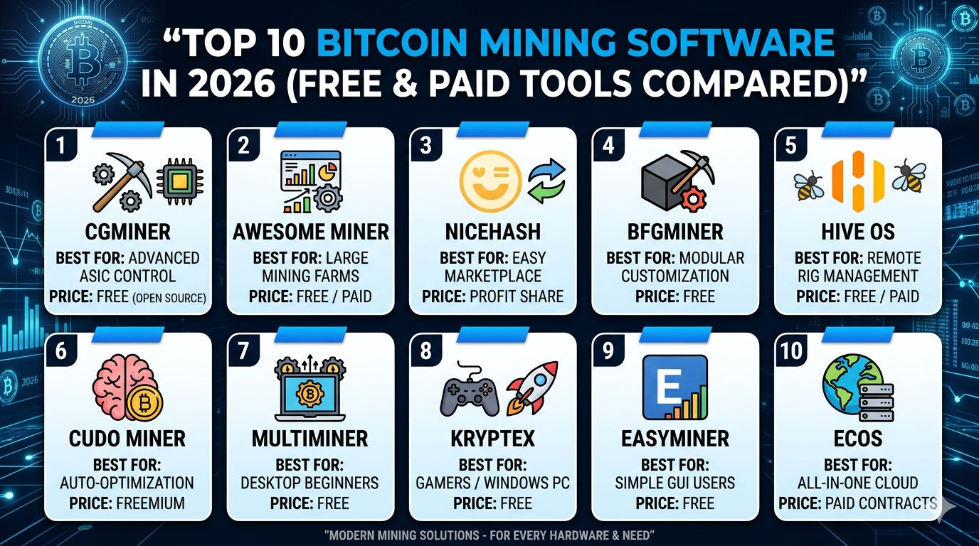Top 10 Bitcoin Mining Software in 2026 (Free & Paid Tools Compared)